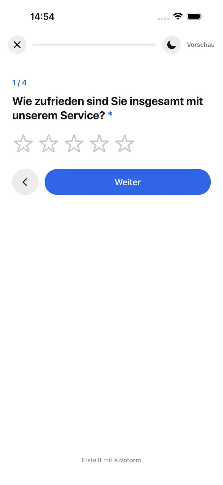 Eine Formularfrage auf dem iPhone mit Sternebewertung und der Schaltfläche Weiter