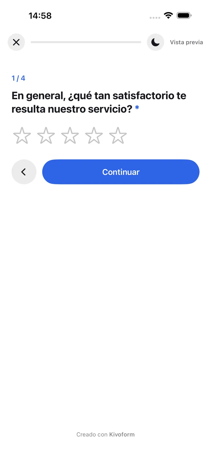 Una pregunta de formulario en el iPhone, con una valoración con estrellas y el botón Continuar