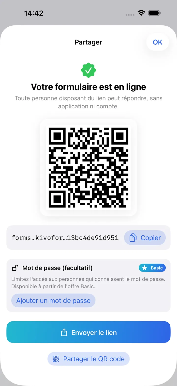 L'écran de partage avec le QR code et le lien du formulaire en ligne