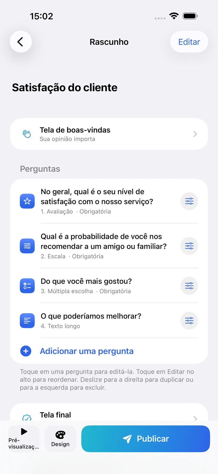 O editor do Kivoform com a lista de perguntas de um formulário de satisfação