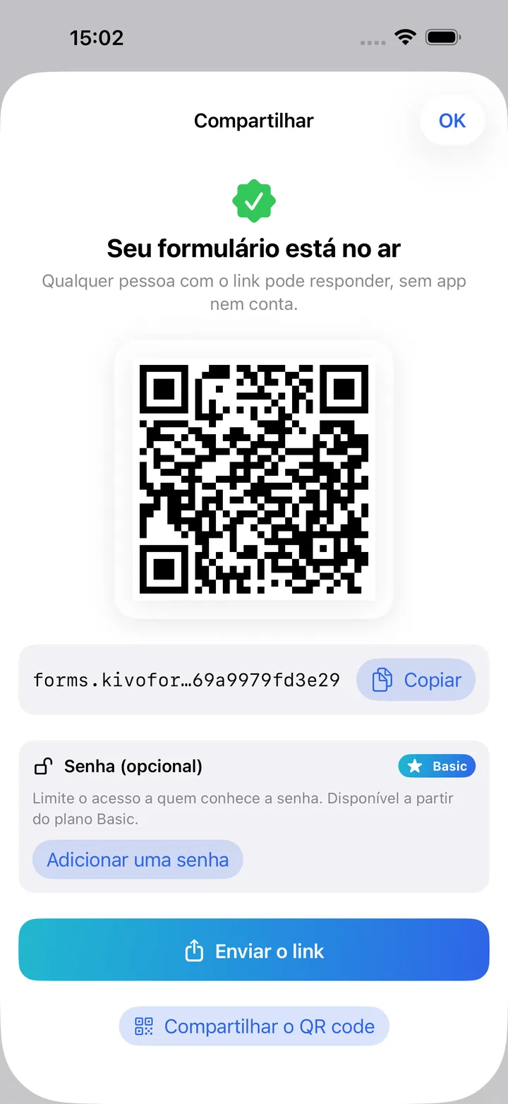 A tela de compartilhamento com o QR code e o link do formulário online